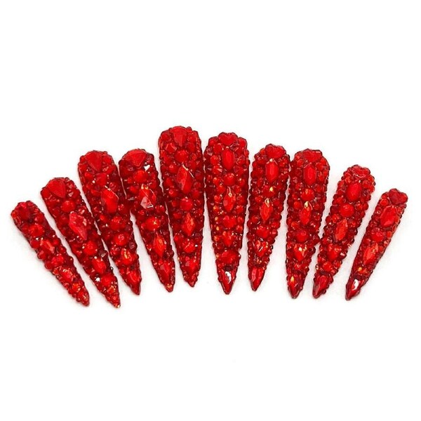 Red Crystal Press On Nails Stiletto Shape Reusable Rhinestone Design Instant Salon Manicure