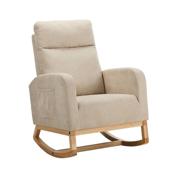 Oikiture Rocking Armchair Linen Fabric Lounge Chair Accent Chair Beige