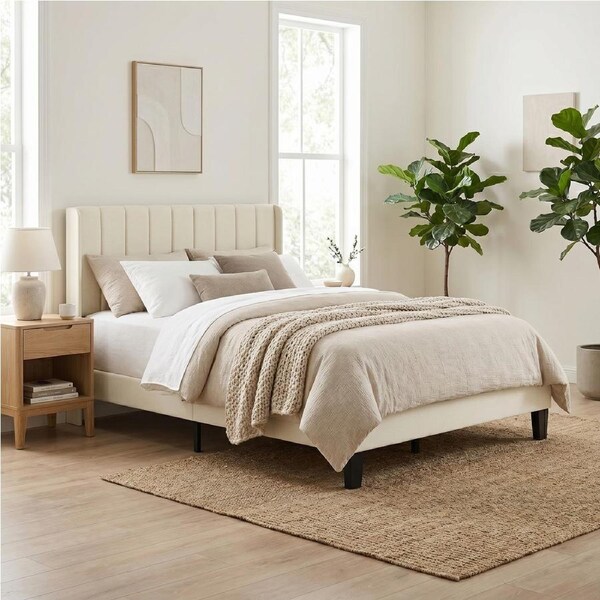 Levede Double Bed Frame White Soft Linen Fabric Panelled Headboard