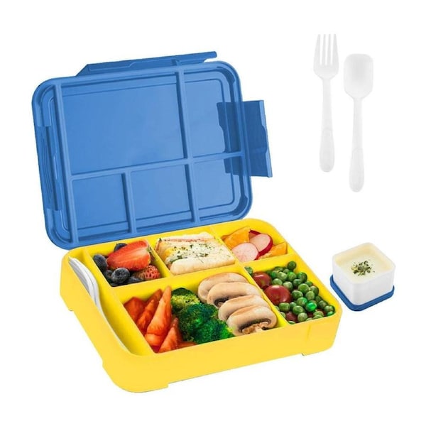 Velocity 6 Divided Compartments Bento Box Lunch Food Containers Leakproof Lunchbox Microwave Security Blue