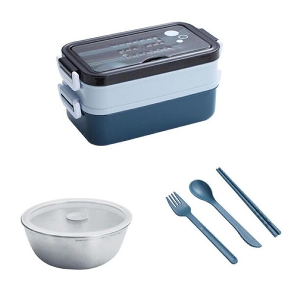 Velocity Stackable 3-Compartment Bento Box Lunch Containers with Dinnerware and Seal Cover Blue