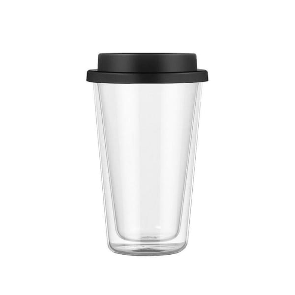 Velocity 350ML Double-Walled Glass Coffee Mug with Silicone Lid Travel Coffee Drinking Cup Black