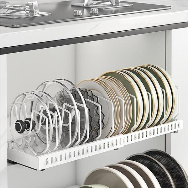 Velocity Horizontal Pull Out Organizer for Pots and Pans Sliding Storage Rack with Dividers for Kitchen White