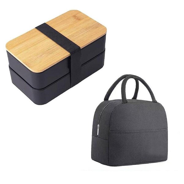 Velocity 2-Layer Bento Box with Movable Compartments Stackable Lunch Box with Insulated Bag Black