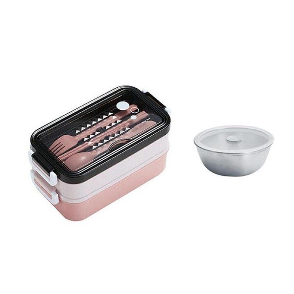 Velocity Stackable 3-Compartment Bento Box Lunch Containers with Dinnerware and Seal Cover Pink