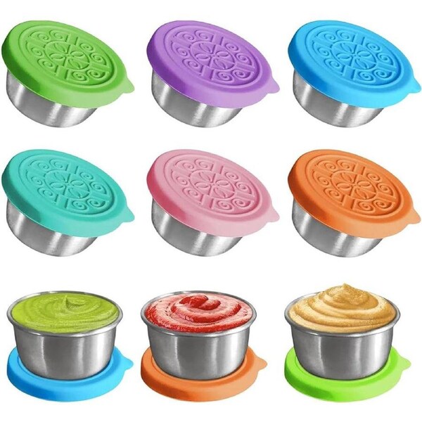 Velocity 4-Pieces 40ML Salad Dressing Containers with Silicone Lids Leak Proof Steel Condiment Dip Cups