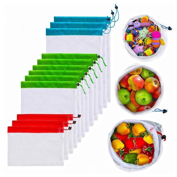 Velocity 12-Pieces Set Reusable Mesh Produce Bags Drawstring Bags