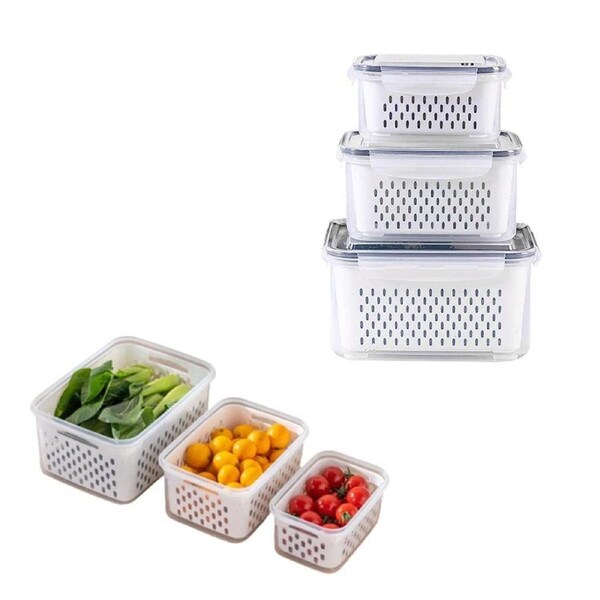 Velocity 3-Pieces Fridge Food Container Set with Lids Plastic Food Saver with Strainer Gray