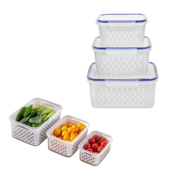 Velocity 3-Pieces Fridge Food Container Set with Lids Plastic Food Saver with Strainer Blue