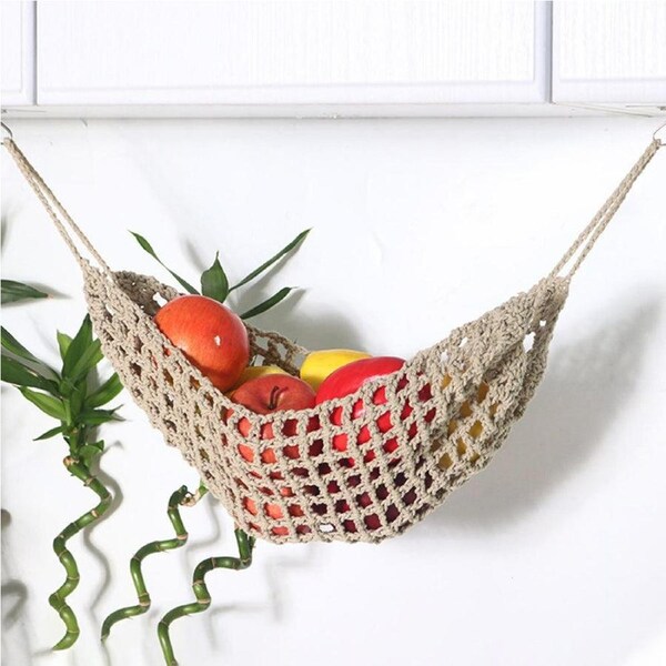 Velocity Woven Fruit Hammock Holder Boho Cotton Under Cabinet Hanging Net Basket
