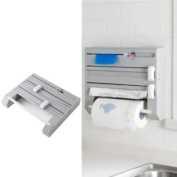Velocity 6-in-1 Wall Mounted Paper Towel Holder with Cutter Cling Film Foil Dispenser with Storage Rack Grey
