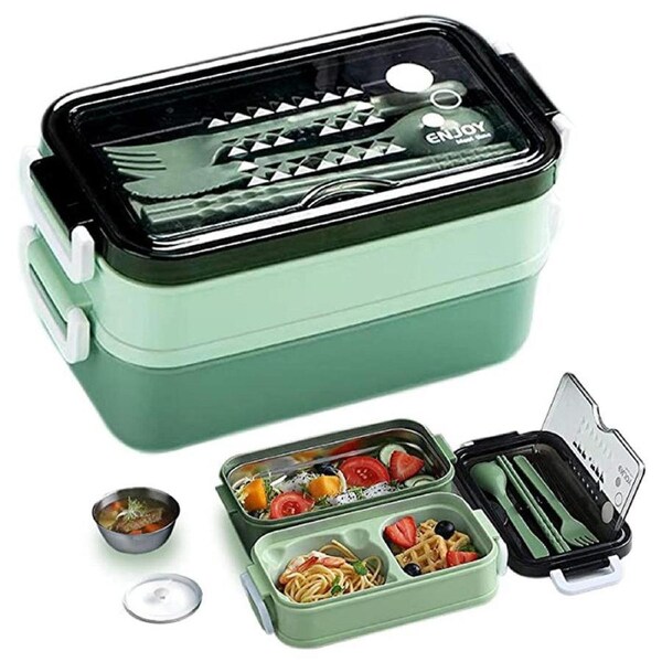 Velocity Lunch Box Bento Microwave Stainless Portable Box with Dinnerware Green