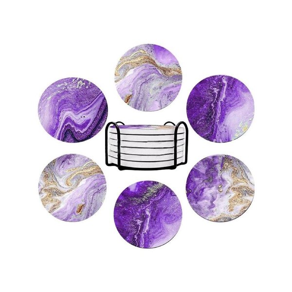 Velocity 6-Pieces Marble Textured Round Coasters for Drinks Absorbent Ceramic Coffee Coaster with Cork Base and Metal Set Purple