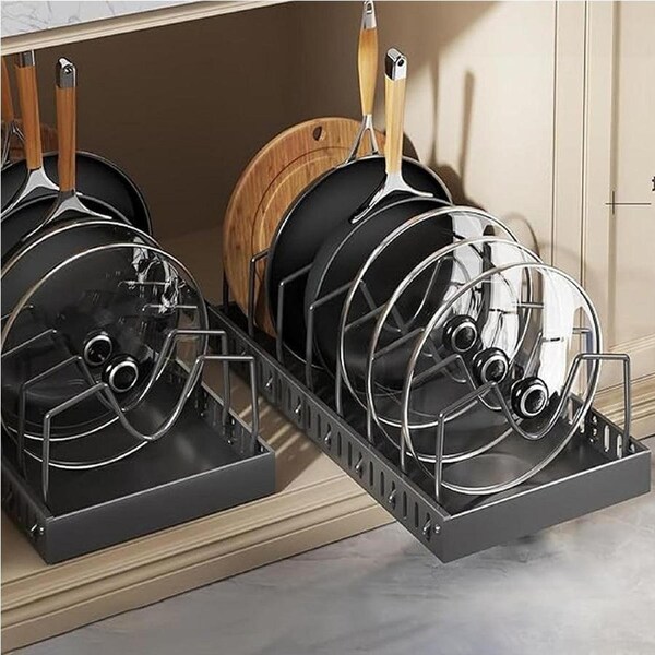 Velocity Vertical Pull Out Organizer for Pots and Pans Sliding Storage Rack with Dividers for Kitchen Black
