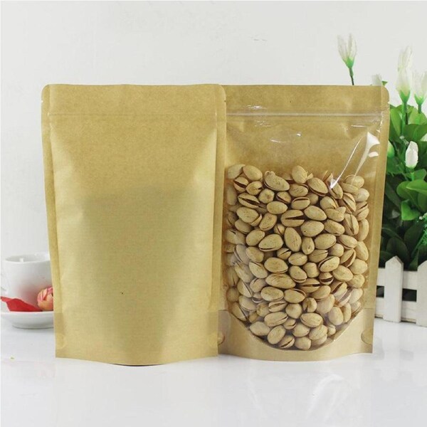 Velocity 50-Pieces Kraft Paper Food Bag Stand Up Pouch Front Clear Zip Seal Food Zipper Bags-Style 2