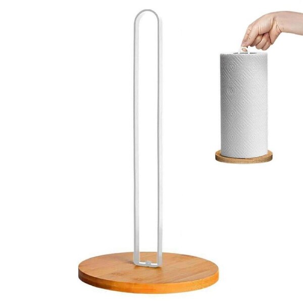 Velocity Freestanding Paper Towel Holder with Non-Slip Wood Base for Countertop White
