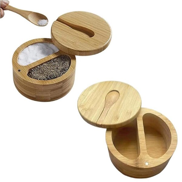 Velocity Bamboo Spice Container with Lid and Spoon for Storing Salt Pepper Sugar Herbs Small Spice Box Style 2