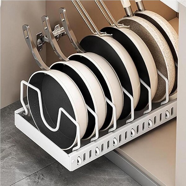 Velocity Vertical Pull Out Organizer for Pots and Pans Sliding Storage Rack with Dividers for Kitchen White