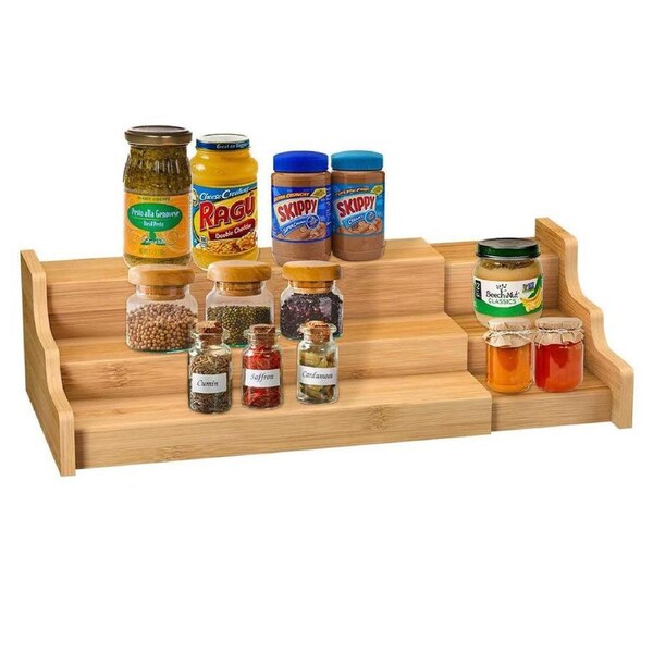 Velocity 3-Tier Spice Rack Bamboo Expandable Display Shelf Kitchen Cabinet Organizer