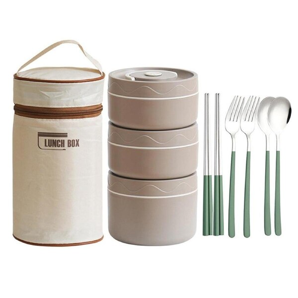 Velocity 3-Pieces Bento Lunch Box Stackable Leakproof Food Container with Lunch Bag and Cutlery Set