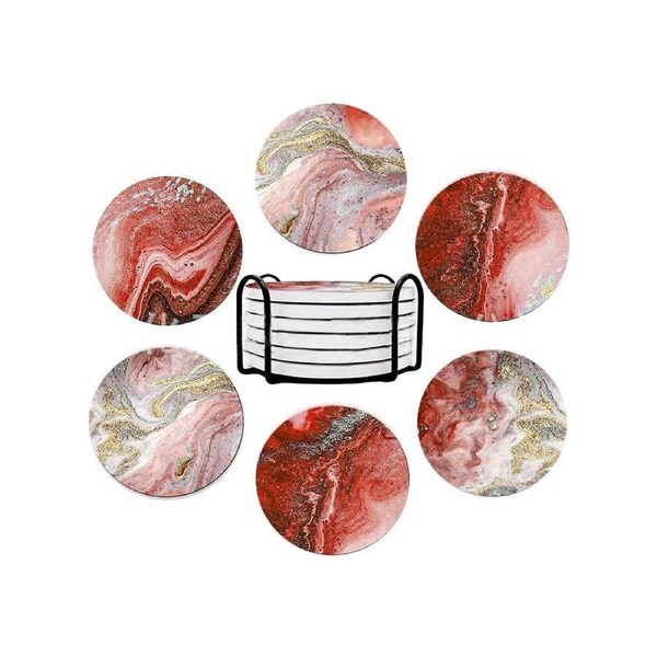 Velocity 6-Pieces Marble Textured Round Coasters for Drinks Absorbent Ceramic Coffee Coaster with Cork Base and Metal Set Red