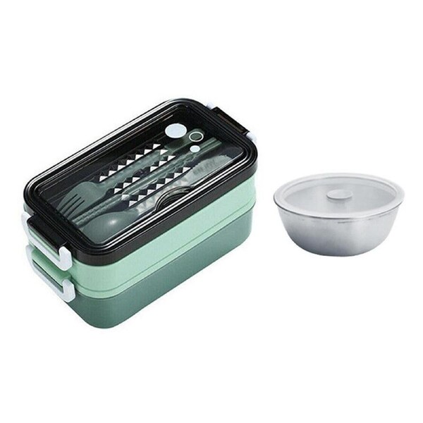 Velocity Stackable 3-Compartment Bento Box Lunch Containers with Dinnerware and Seal Cover Green