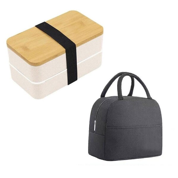 Velocity 2-Layer Bento Box with Movable Compartments Stackable Lunch Box with Insulated Bag White