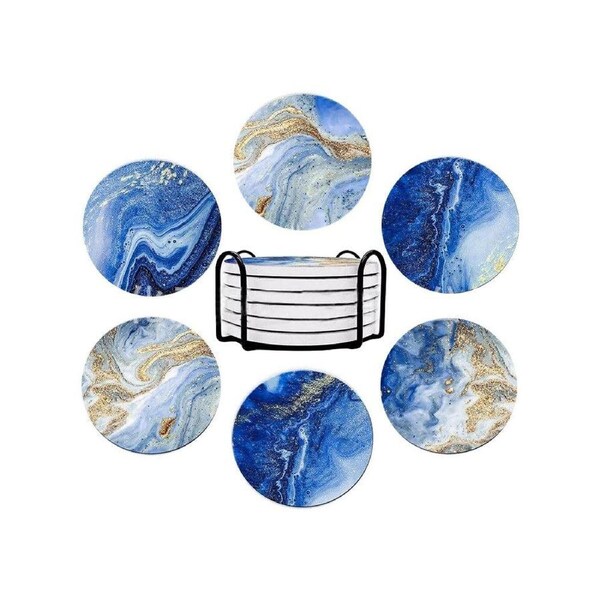 Velocity 6-Pieces Marble Textured Round Coasters Drinks Absorbent Ceramic Coffee Coaster Cork Base Metal Set Dark Blue