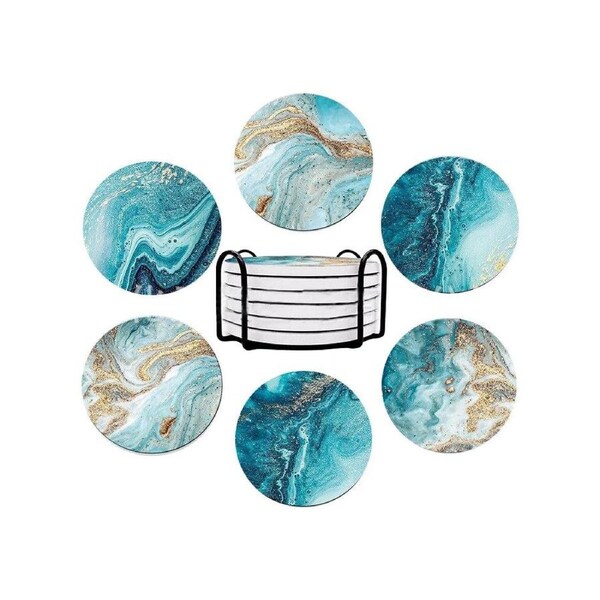 Velocity 6-Pieces Marble Textured Round Coasters for Drinks Absorbent Ceramic Coffee Coaster with Cork Base and Metal Set Blue