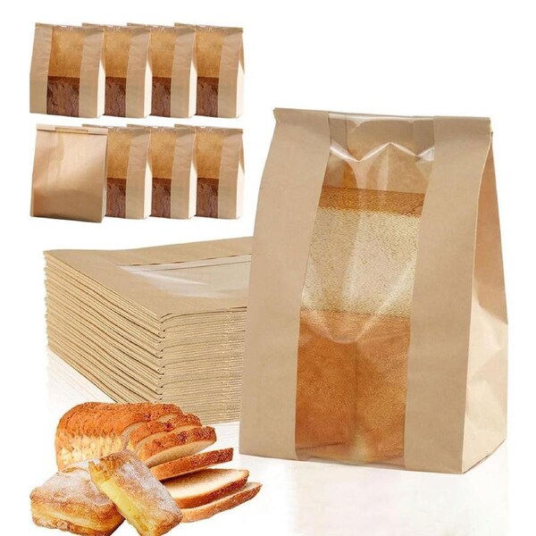 Velocity 50-Pieces Paper Bread Bags with Window Bakery Bags Stand Up Pouch Food Storage Bags