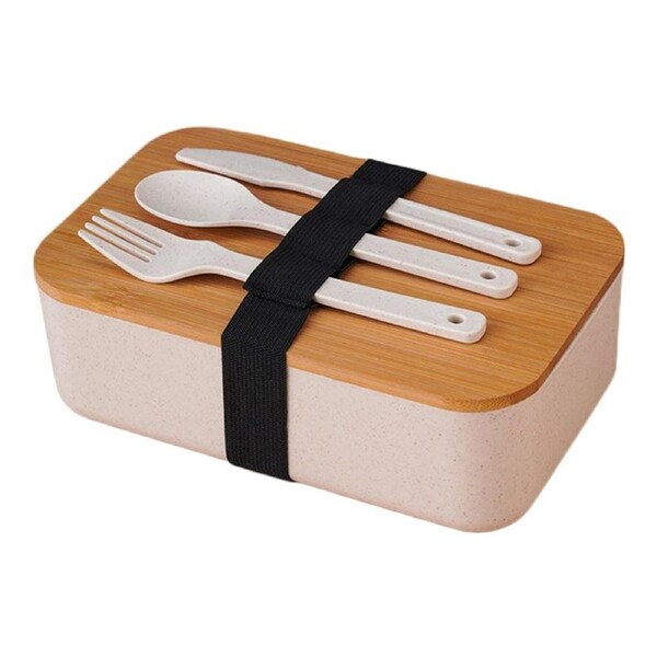 Velocity Square Lunch Box Wooden Lid Japanese Bento Box with Cutlery Food Container White