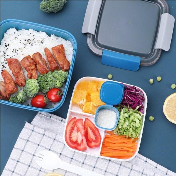 Velocity 2 Layer Salad Lunch Container with A Sauce Container and A Reusable Fork Blue