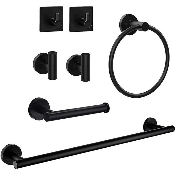 Velocity 7-Pieces Bathroom Hardware Set Wall Mount Towel and Paper Holder Set Black