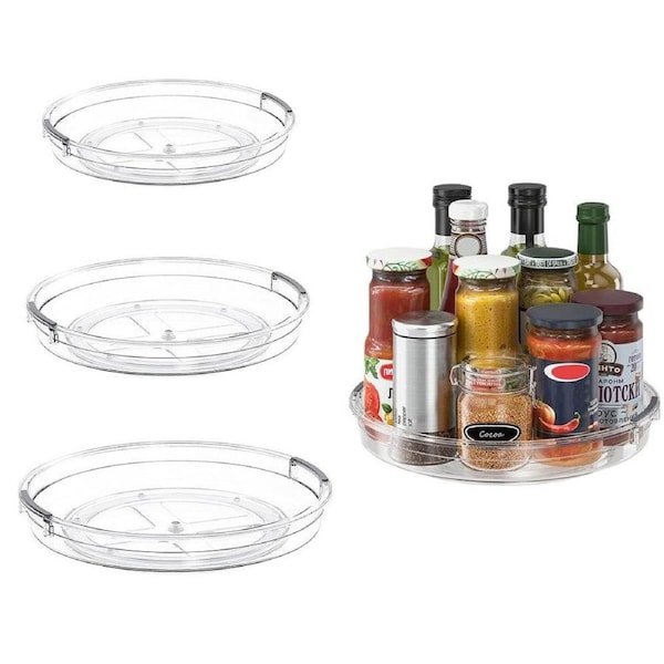Velocity 3-Pieces Set Rotating Lazy Susan Tray Clear Organizer for Kitchen Bathroom Vanity