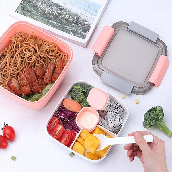 Velocity 2 Layer Salad Lunch Container with A Sauce Container and A Reusable Fork Pink