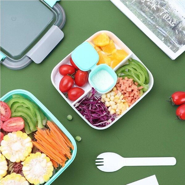 Velocity 2 Layer Salad Lunch Container with A Sauce Container and A Reusable Fork Green