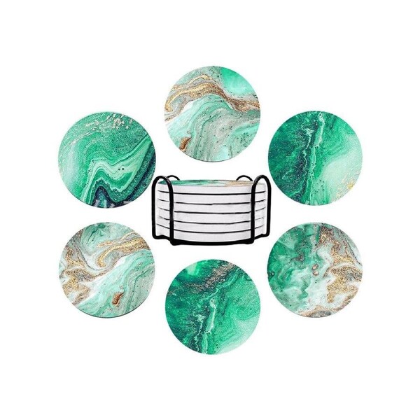 Velocity 6-Pieces Marble Textured Round Coasters for Drinks Absorbent Ceramic Coffee Coaster with Cork Base and Metal Set Green