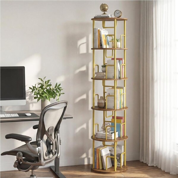 Advwin 5 Tier Rotating Bookshelf Round Corner Standing Display Shelf Organizer Gold