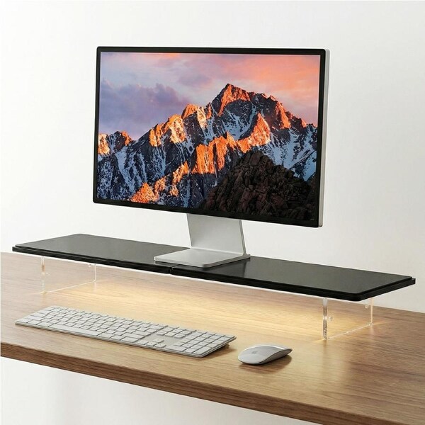Advwin Monitor Stand with Acrylic Leg Wood Desktop Organizer Ergonomic Desk Stand Black