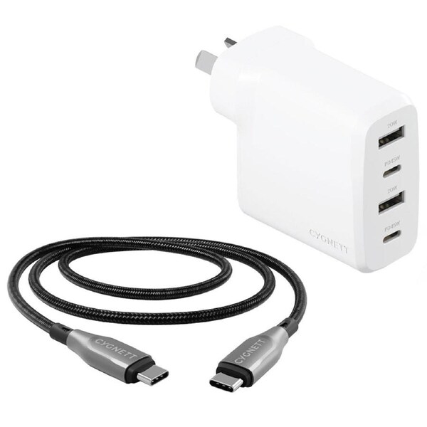 Cygnett PowerPlus 45W Multiport Wall Charger AU, 2x USB-C, 2x USB-A, 2M Cable
