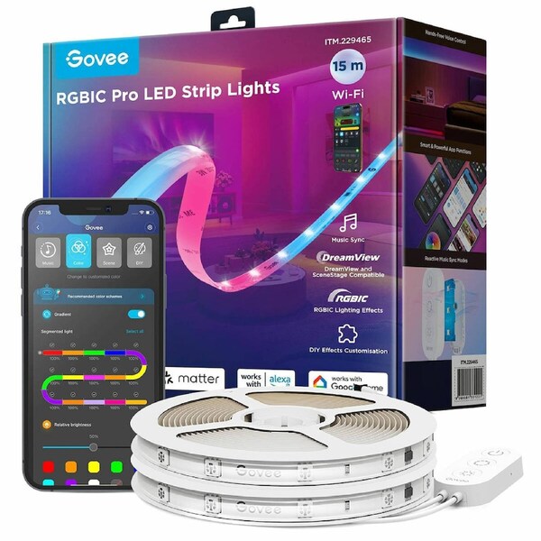 Govee RGBIC Pro LED Strip Lights 15M - Wi-Fi, Voice Control, Music Sync, 16M Colors