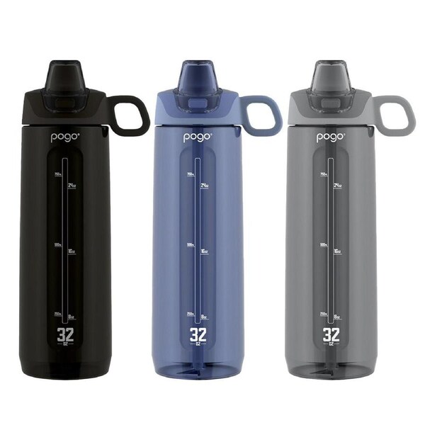 Pogo Tritan Water Bottle 946 ml x 3 Pack Storm Black Grey, BPA-Free, Leak-Proof Straw Lid, Carry Loop, Dishwasher Safe
