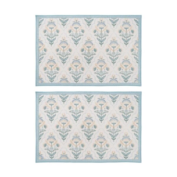 2PK LVD Ketaki Non-Slip Floral Indoor Floor & Door Mat 90x60cm Blue/Yellow