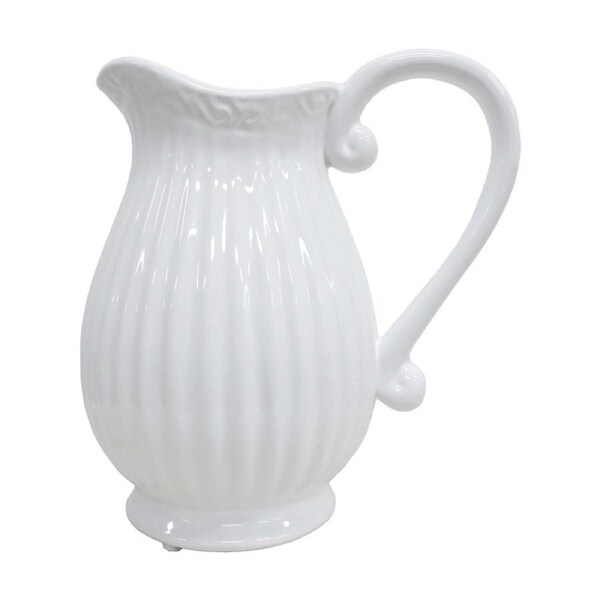LVD Provincial Ceramic Ribbed Jug/Vase Home/Garden Decor 20x20x15cm White