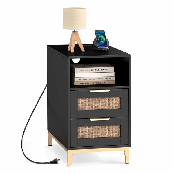 Costway Narrow Bedside Table Boho Side Table w/Charging Station Rattan Nightstand 2 Drawer Back Storage Sofa End