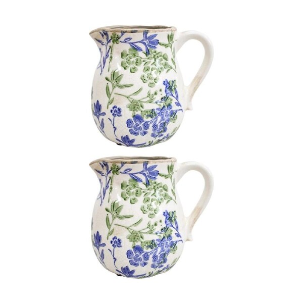 2PK LVD Medium Botanical Ceramic Floral Jug Kitchen Decor Green/Blue