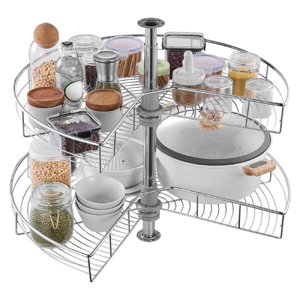 28" Kidney Shaped Chrome Corner Organizer, 360o Rotatble Kitchen Base Cabinet Blind Corner, 2 Tier Height Adjustable Storage Rack, Carbon Steel Lazy Susan Replacement Shelf for Cabinet Corner