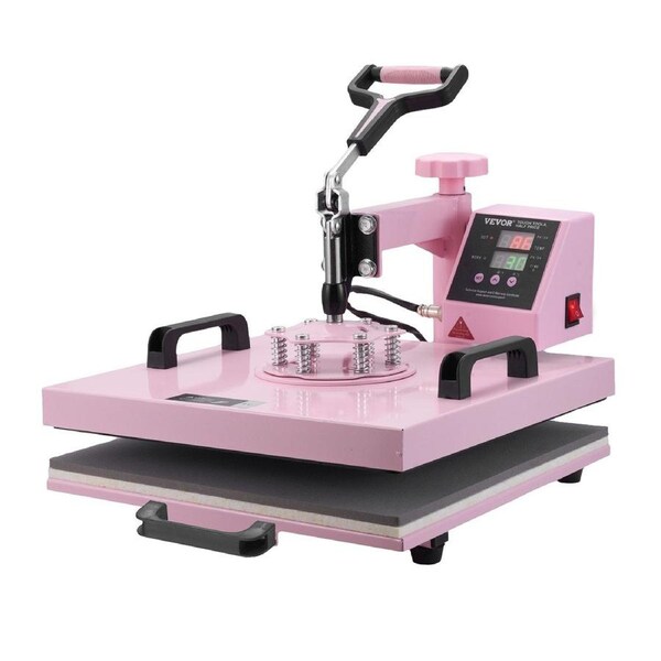Heat Press Machine, 15 x 15 inch, 5 in 1 Heat Transfer Machine with 30 oz Tumbler Press, 360° Swing Away T-Shirt Pressing, Digital Precise Control, for T-Shirts/Mugs/Hats/Plates, Pink