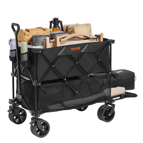 Foldable Double Decker Wagon, 400L Collapsible Wagon Cart with All-Terrain Wheels, Heavy Duty Folding Wagon Cart 350-450 lb Weight Capacity for Camping, Shopping, Garden, 52" Extra Long Extender