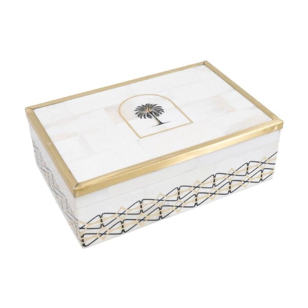 LVD Bone Brass Inlay Palm Tree Decorative Box Home Decor 15.88x10.8x5.08cm